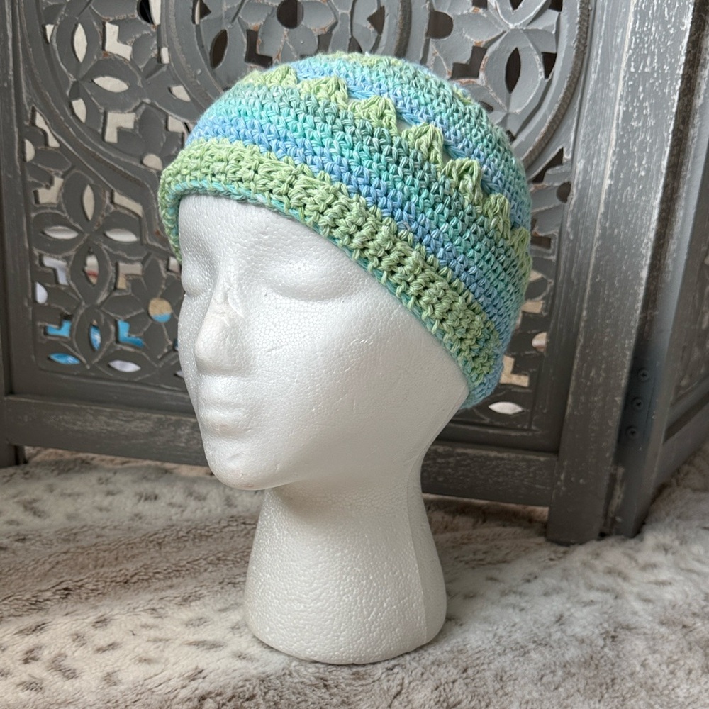 Handmade blue green knit beanie hat OS pastel feminine festival boho winter